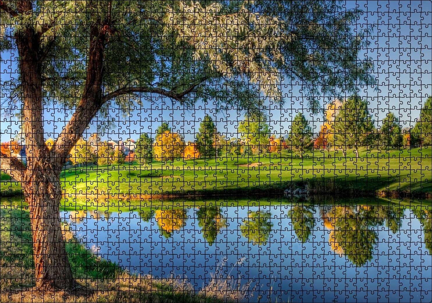 Yeşil Çayırlar Durgun Göl ve Söğüt Ağacı Puzzle Yapboz MDF Ahşap 1000 Parça 49 cm X 68 cm