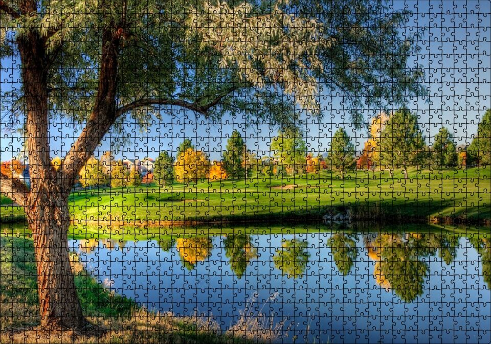 Yeşil Çayırlar Durgun Göl ve Söğüt Ağacı Puzzle Yapboz MDF Ahşap 1000 Parça 49 cm X 68 cm