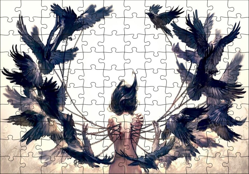 Çıplak Kadın ve Zincirli Kargalar Puzzle Yapboz MDF Ahşap