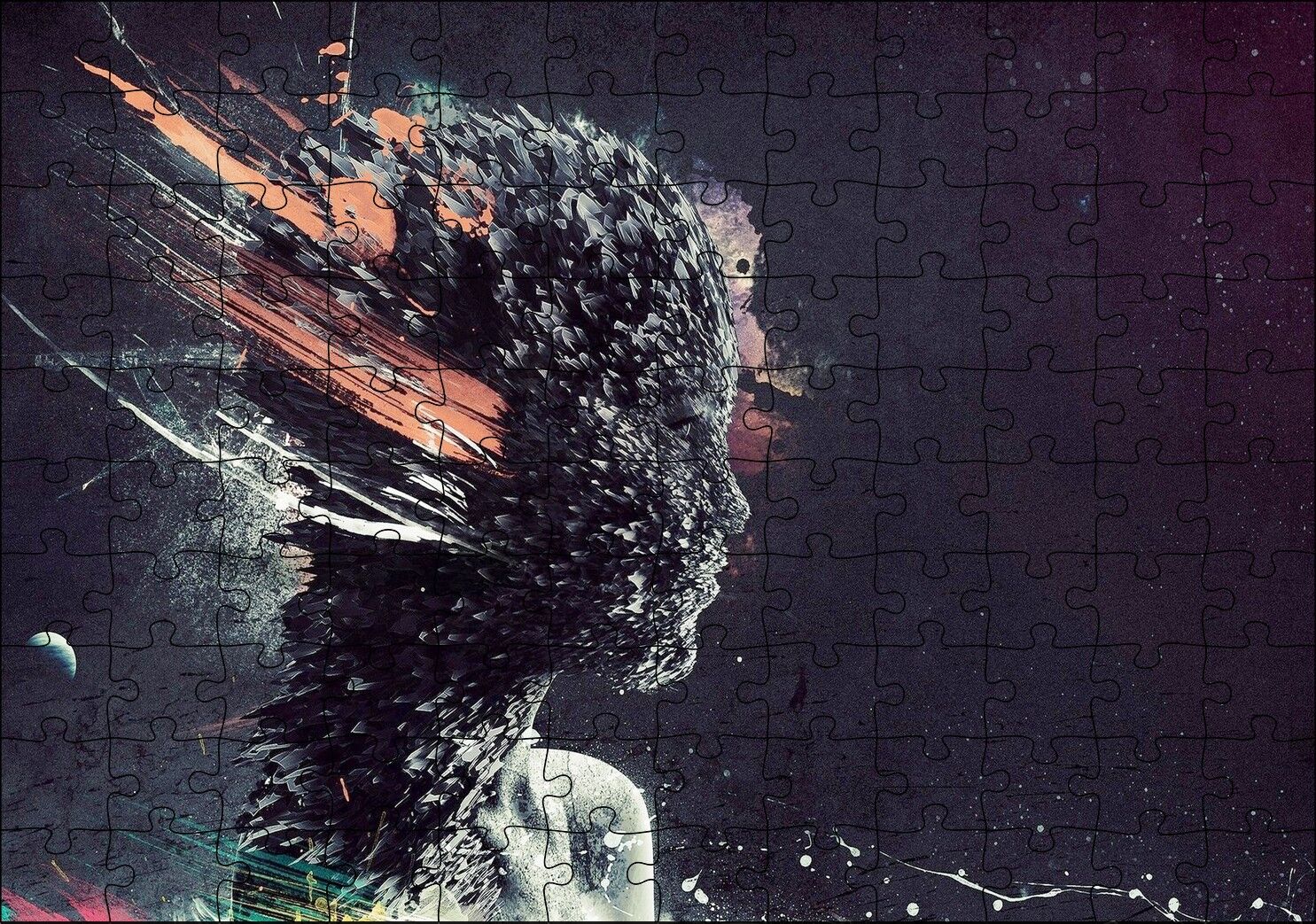 Kadın Yüzü Desen Patlaması Siyah Arka Plan Puzzle Yapboz MDF Ahşap