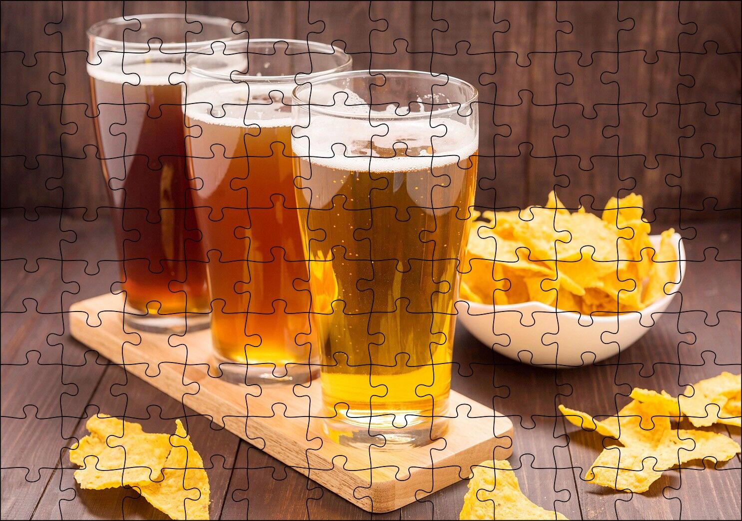 Üç Büyük Bardak Bira ve Cipsler Puzzle Yapboz MDF Ahşap 120 Parça 24 cm X 34 cm