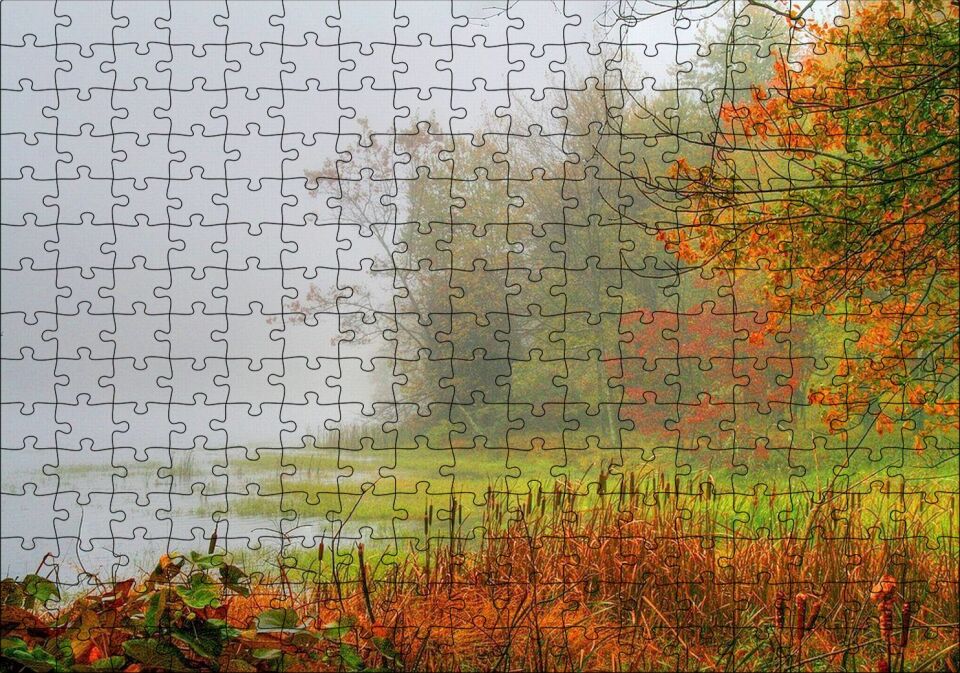 Sisli Ormanda Sonbahar Renkleri ve Göl Puzzle Yapboz MDF Ahşap 255 Parça 34 cm X 49 cm