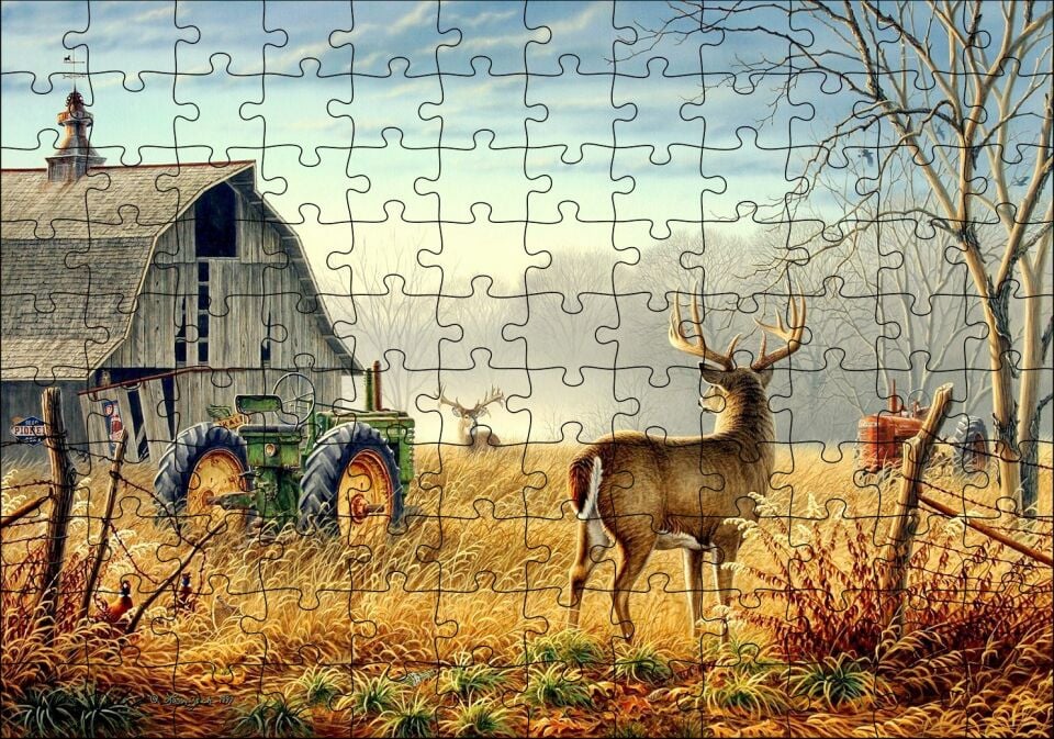 Köy Evi Traktör ve Geyikler Puzzle Yapboz MDF Ahşap