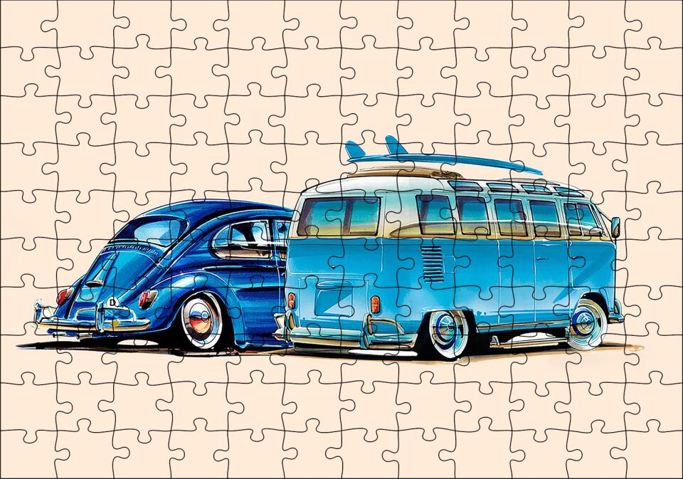 Mavi Renk Vosvos Minübüs Otomobil Görseli Puzzle Yapboz MDF Ahşap