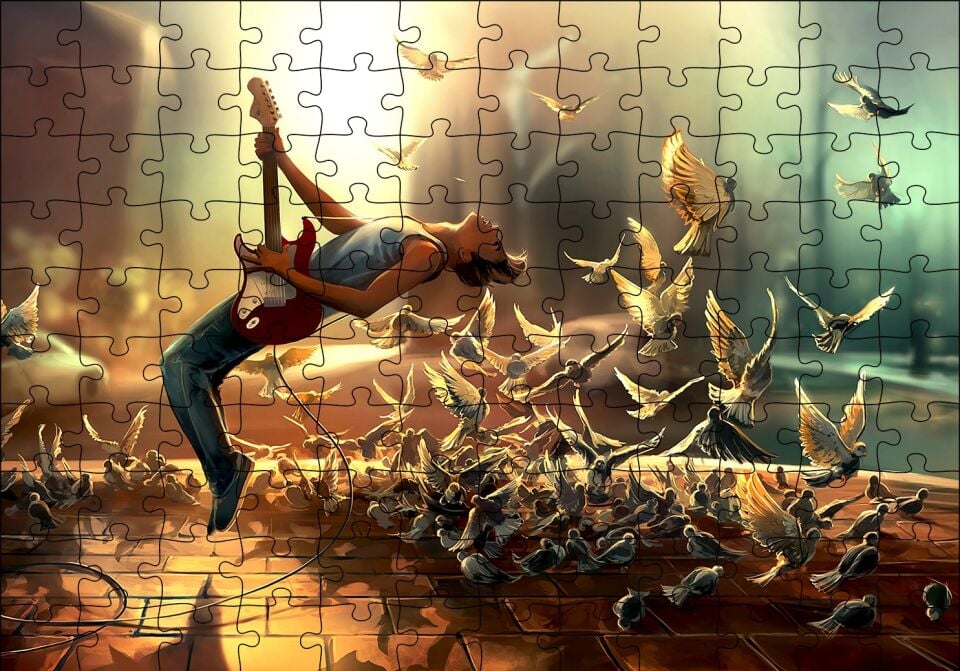 Elektrogitar Güvercinler ve Güneş Işıkları Puzzle Yapboz MDF Ahşap