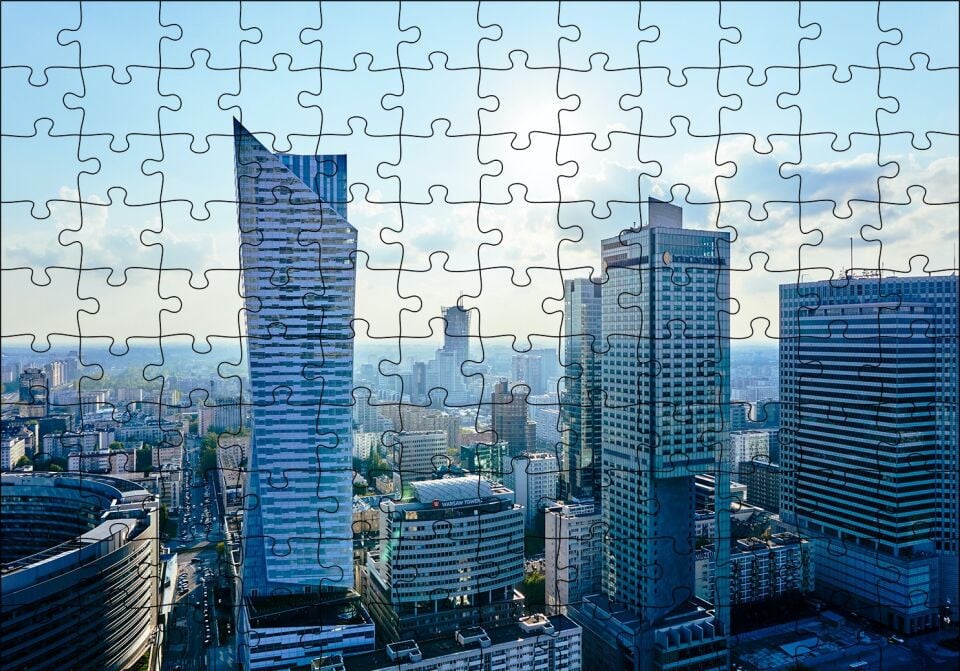 Gri Mavi Şehir Manzarası Puzzle Yapboz MDF Ahşap 120 Parça 24 cm X 34 cm