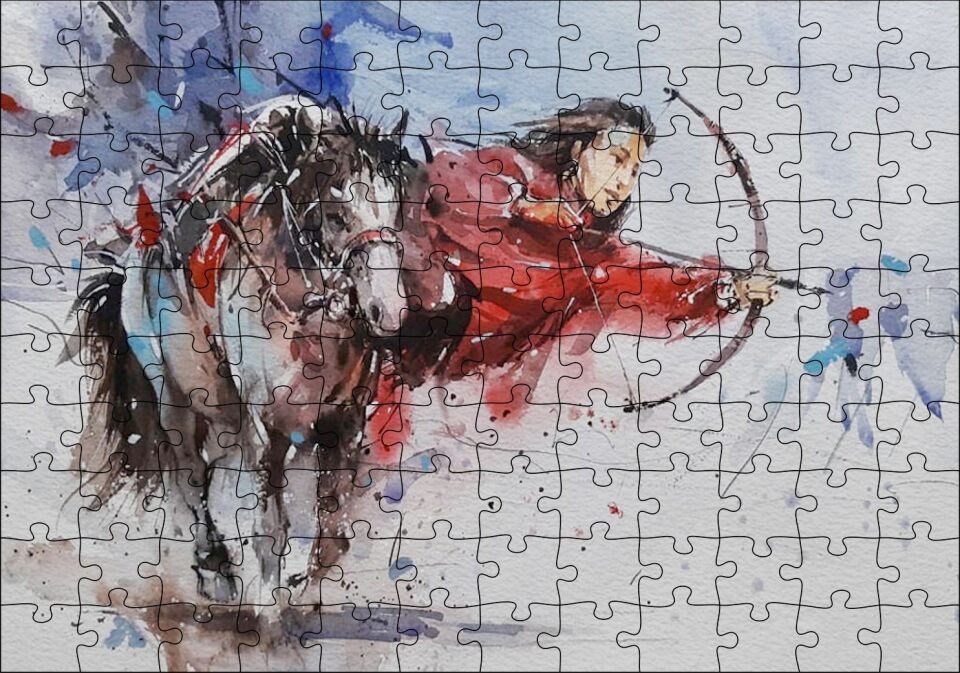At Sırtındaki Okçu Suluboya Efekt Puzzle Yapboz MDF Ahşap 120 Parça 24 cm X 34 cm