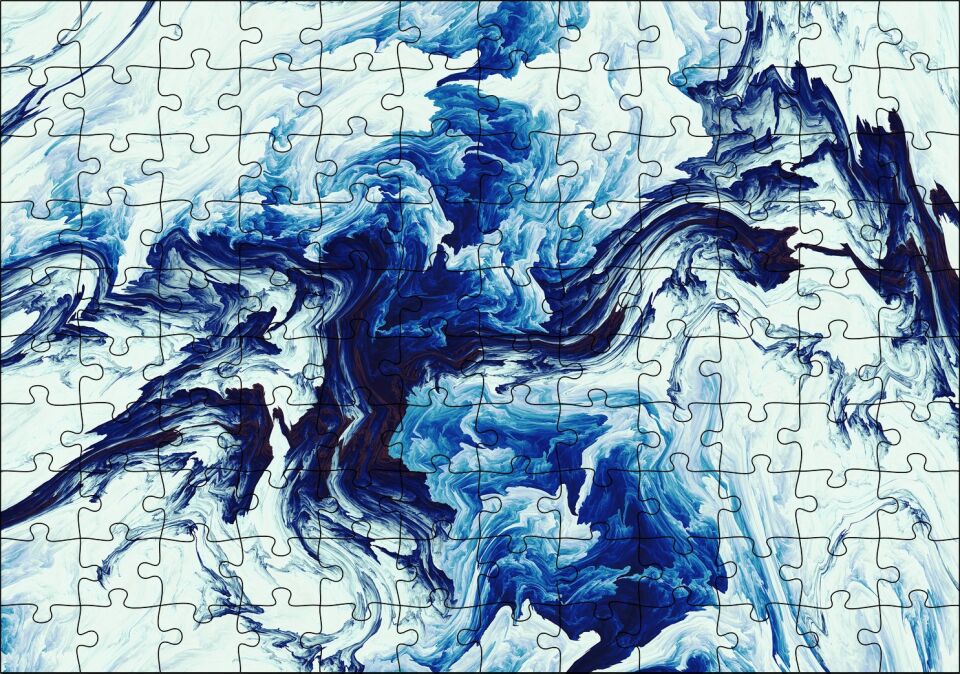 Karışan Mavi Beyaz Siyah Dalgalı Desenler Puzzle Yapboz MDF Ahşap