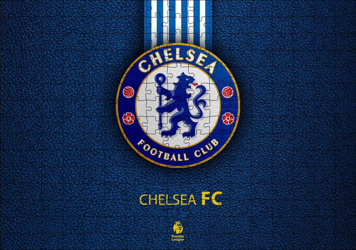 Siyah Deri Doku Üzerinde Chelsea Logosu Puzzle Yapboz MDF Ahşap 255 Parça 34 cm X 49 cm