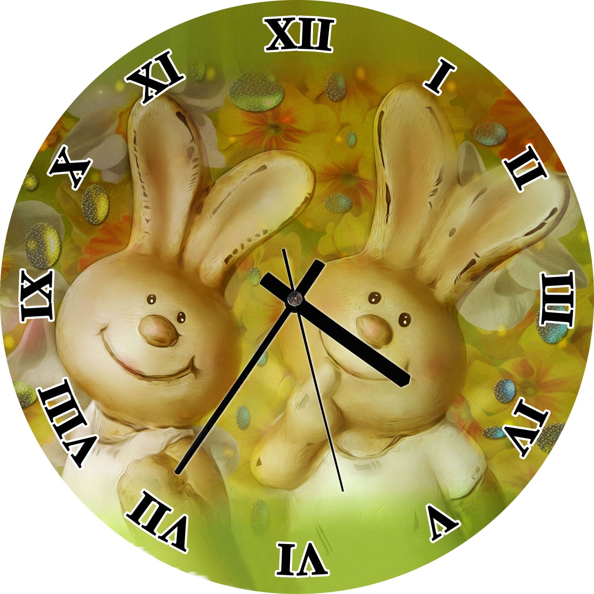 Yeşil Zeminde Tavşan Çifti Mdf Ahşap Duvar Saati