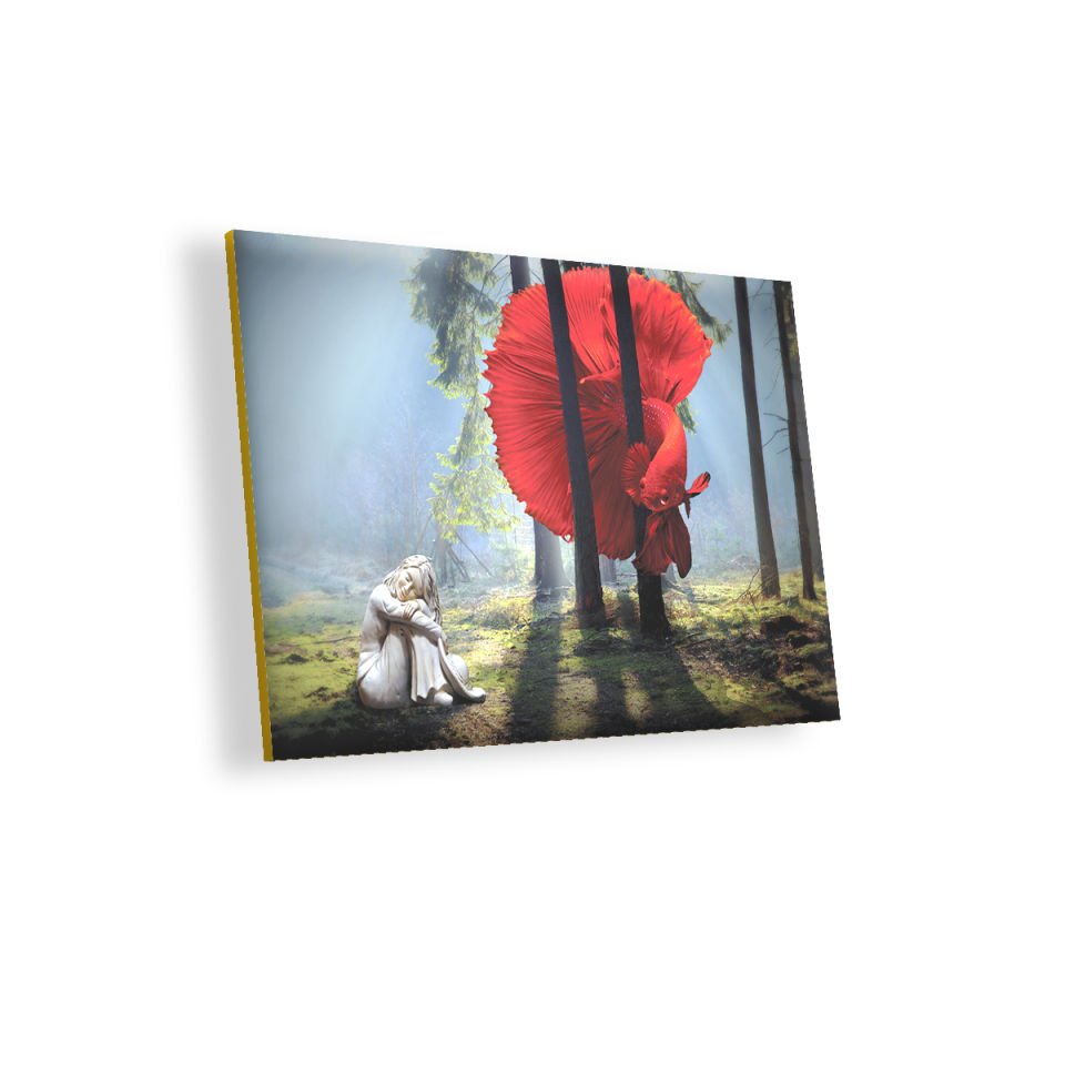 Ormanda Kırmızı Balık Kız Fantastik MDF Akşap Duvar Tablo 25x35 cm