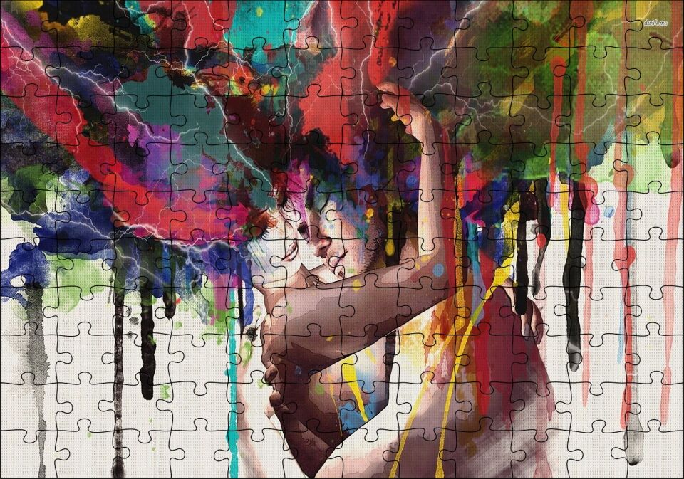 Romantik Çift Suluboya Efektli Puzzle Yapboz MDF Ahşap