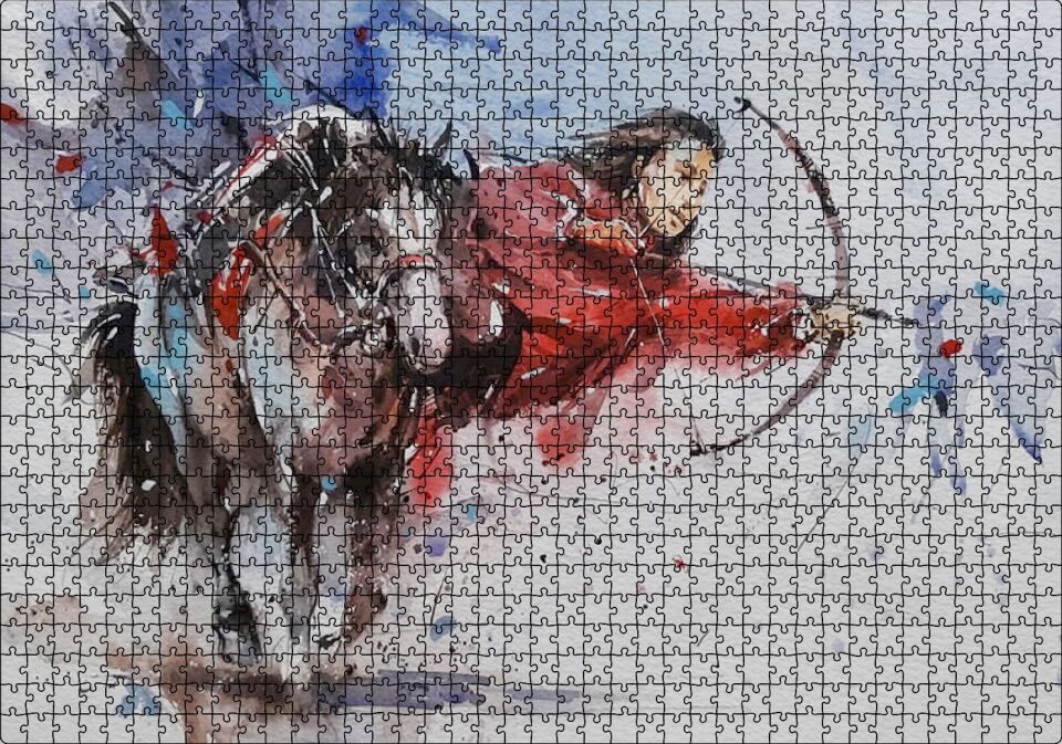At Sırtındaki Okçu Suluboya Efekt Puzzle Yapboz MDF Ahşap 1000 Parça 49 cm X 68 cm