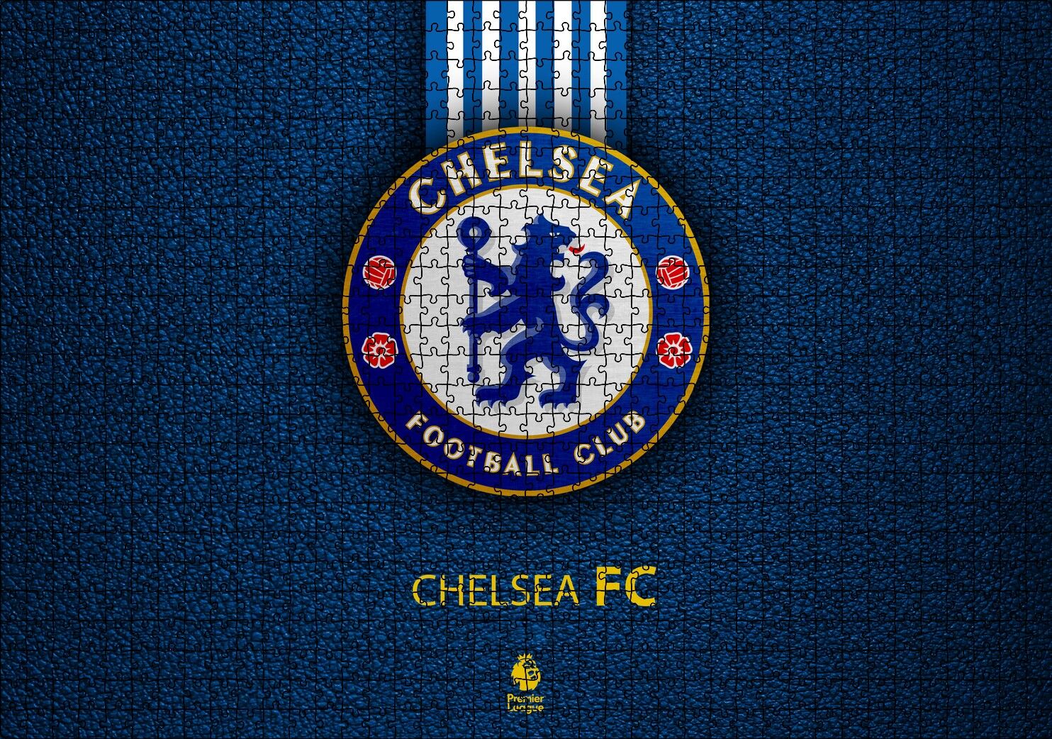 Siyah Deri Doku Üzerinde Chelsea Logosu Puzzle Yapboz MDF Ahşap 1000 Parça 49 cm X 68 cm