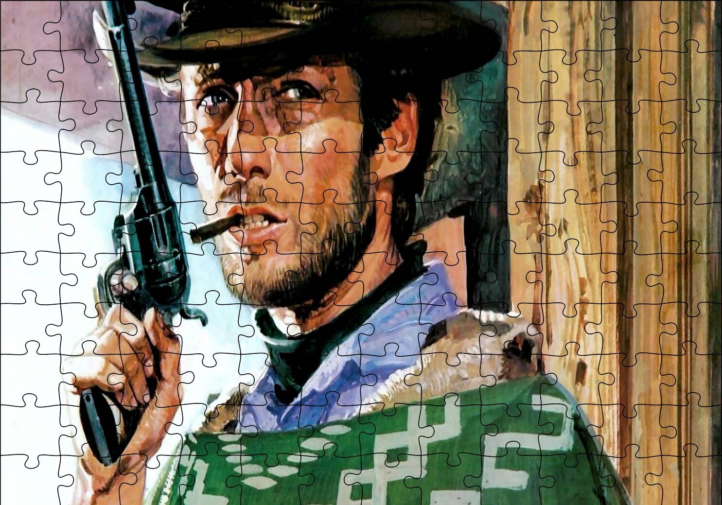 Clint Eastwood Yeşil Pançolu ve Silahlı Puzzle Yapboz MDF Ahşap 120 Parça 24 cm X 34 cm