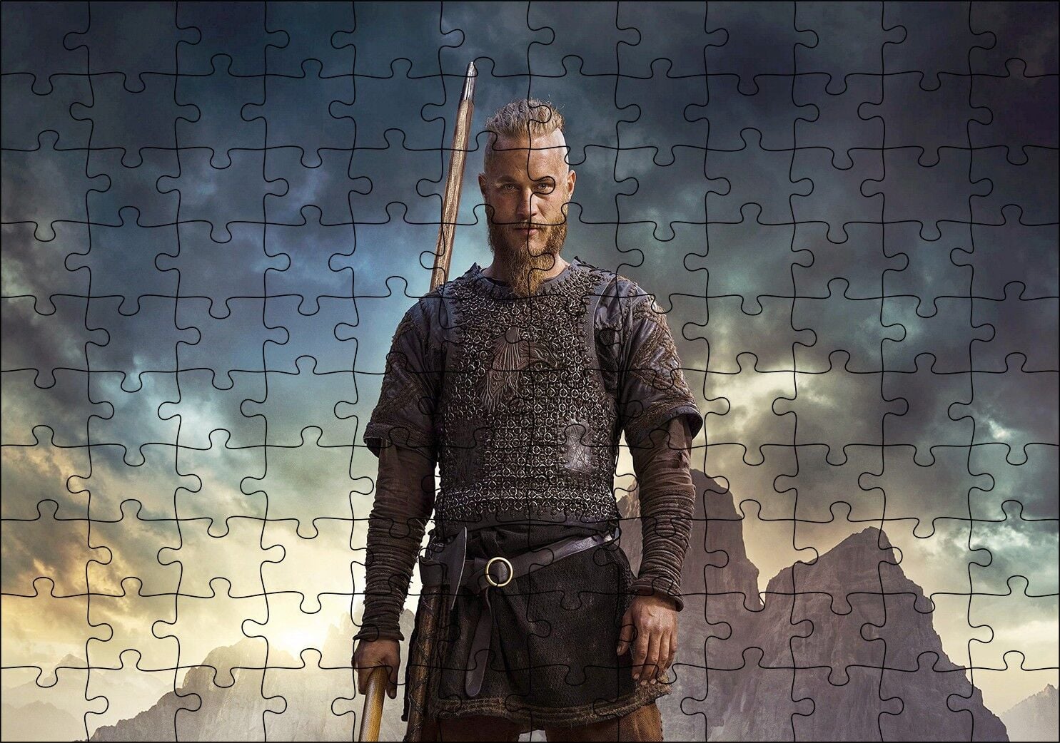 Vikingler Kayalıklar ve Bulutlu Ragnar Lodbrok Puzzle Yapboz MDF Ahşap 120 Parça 24 cm X 34 cm