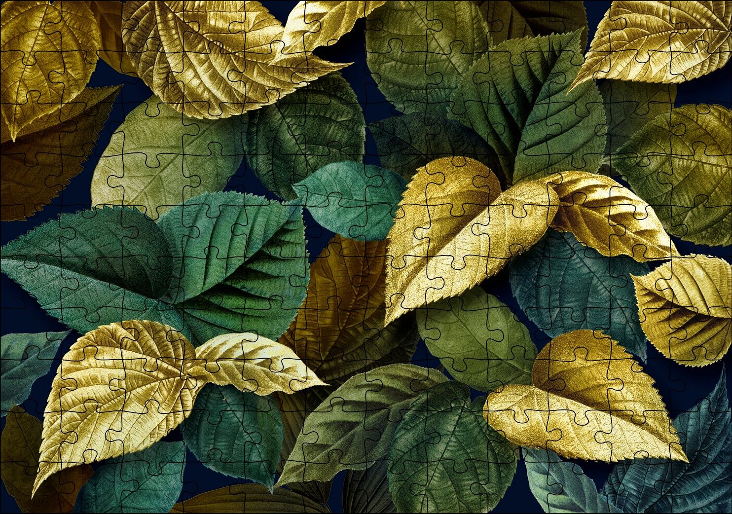 Yeşil Kahverengi ve Altın Yapraklar Bir Arada Puzzle Yapboz MDF Ahşap 120 Parça 24 cm X 34 cm