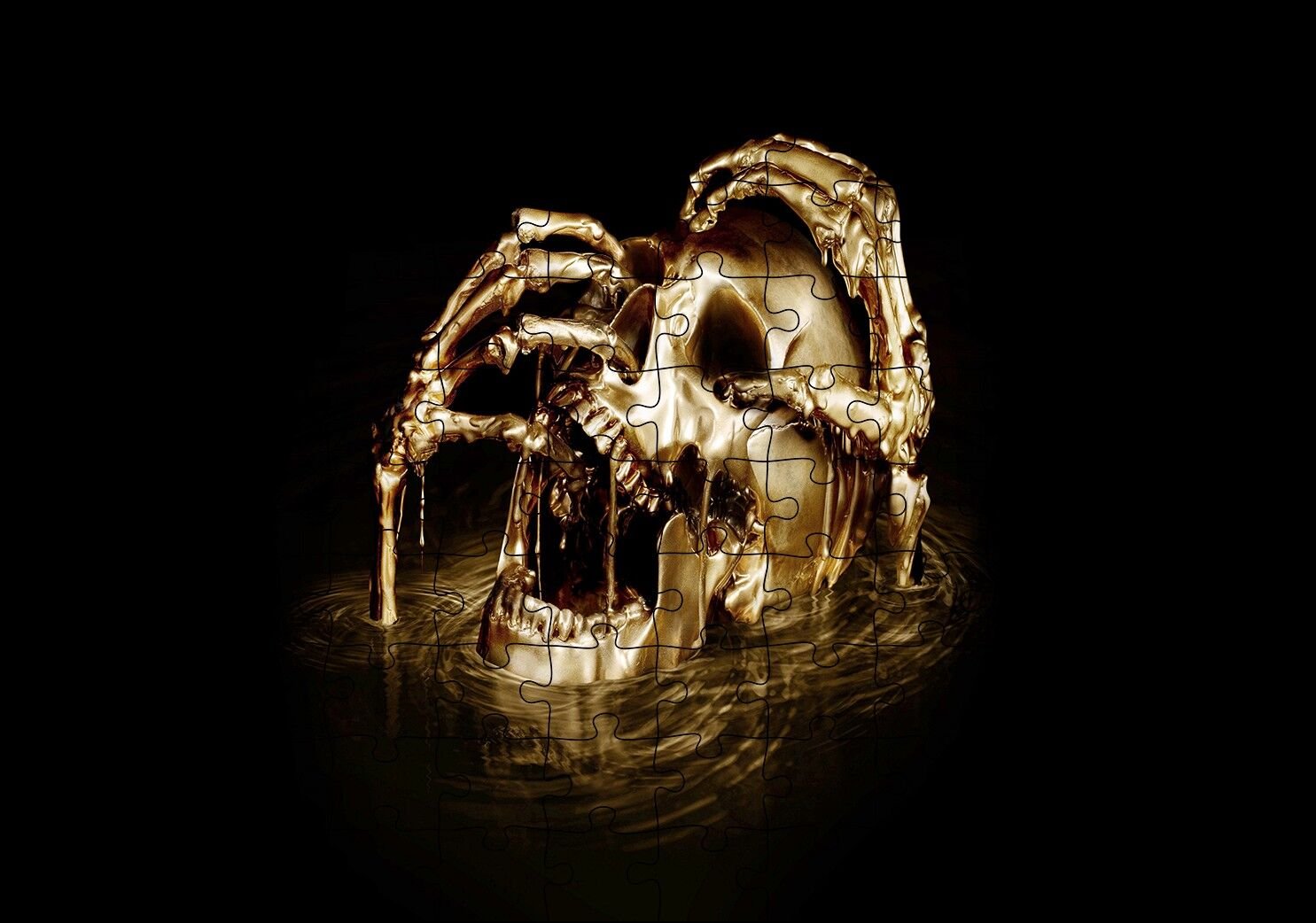 Altın Kafatası ve İskelet Eller Puzzle Yapboz MDF Ahşap