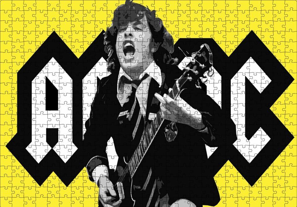 ACDC Angus Young Sarı Zemin Puzzle Yapboz MDF Ahşap 500 Parça 49 cm X 68 cm