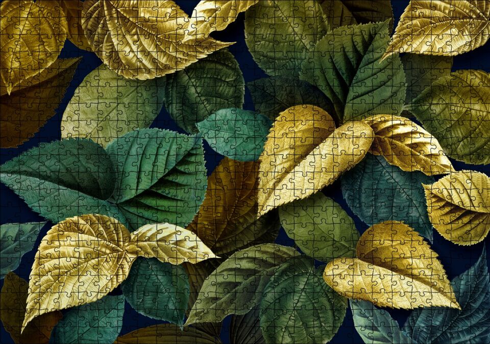 Yeşil Kahverengi ve Altın Yapraklar Bir Arada Puzzle Yapboz MDF Ahşap 500 Parça 49 cm X 68 cm