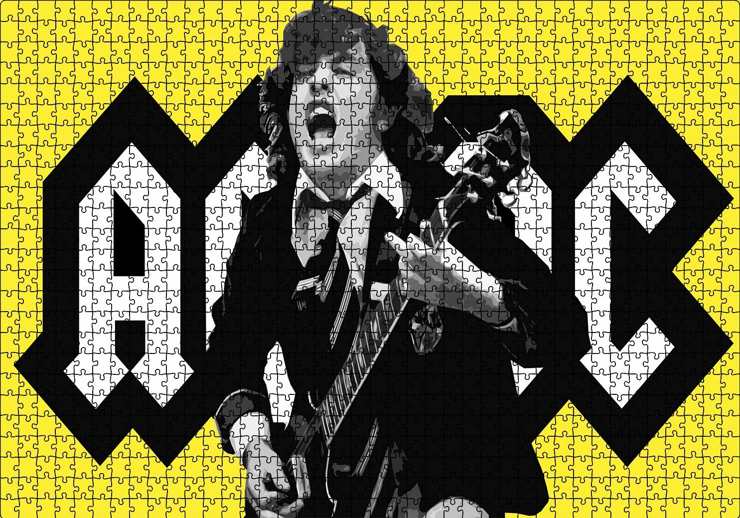 ACDC Angus Young Sarı Zemin Puzzle Yapboz MDF Ahşap 1000 Parça 49 cm X 68 cm