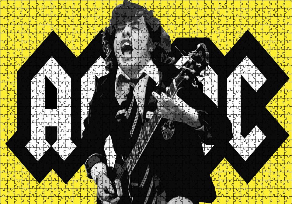 ACDC Angus Young Sarı Zemin Puzzle Yapboz MDF Ahşap 1000 Parça 49 cm X 68 cm