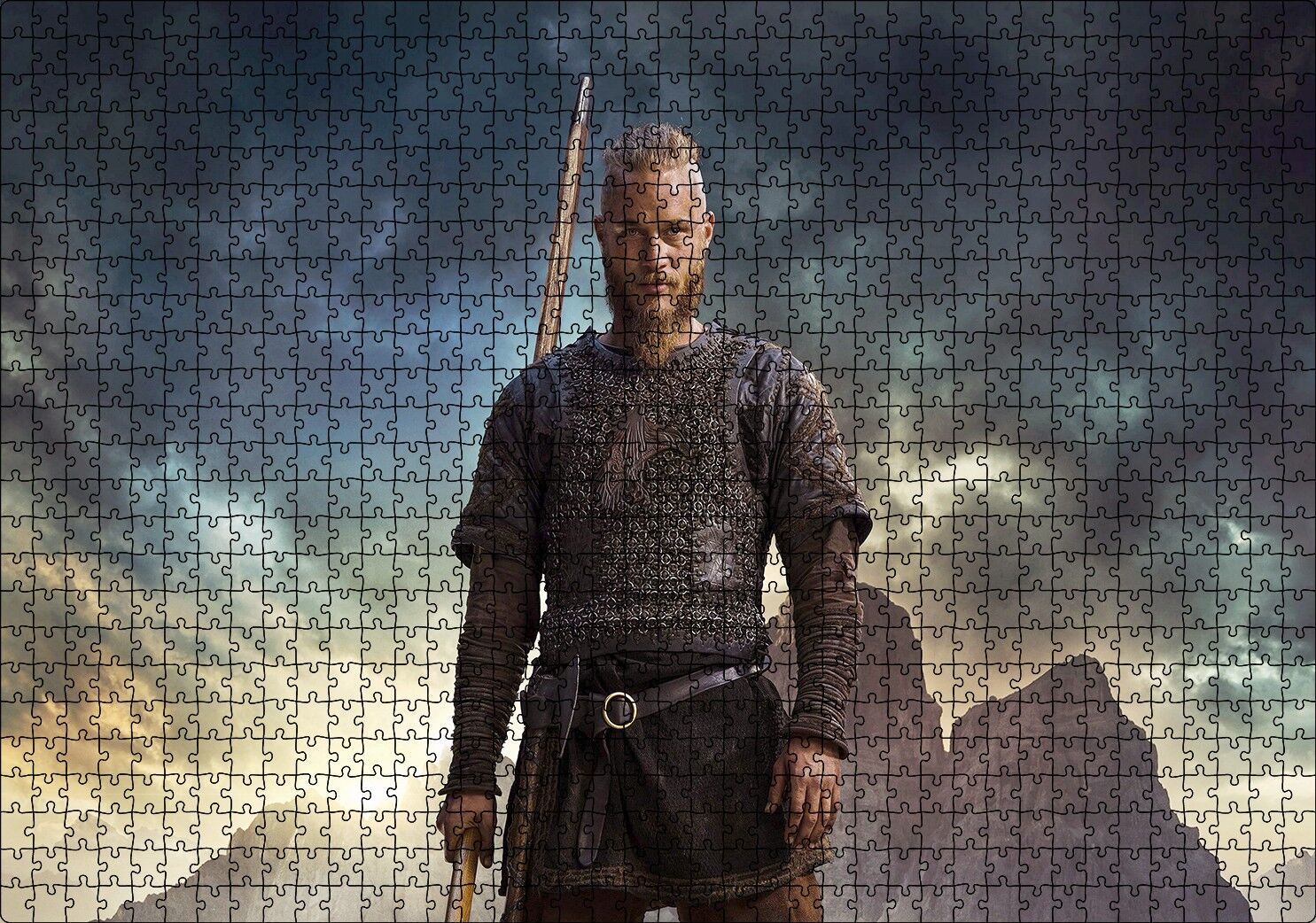 Vikingler Kayalıklar ve Bulutlu Ragnar Lodbrok Puzzle Yapboz MDF Ahşap 1000 Parça 49 cm X 68 cm