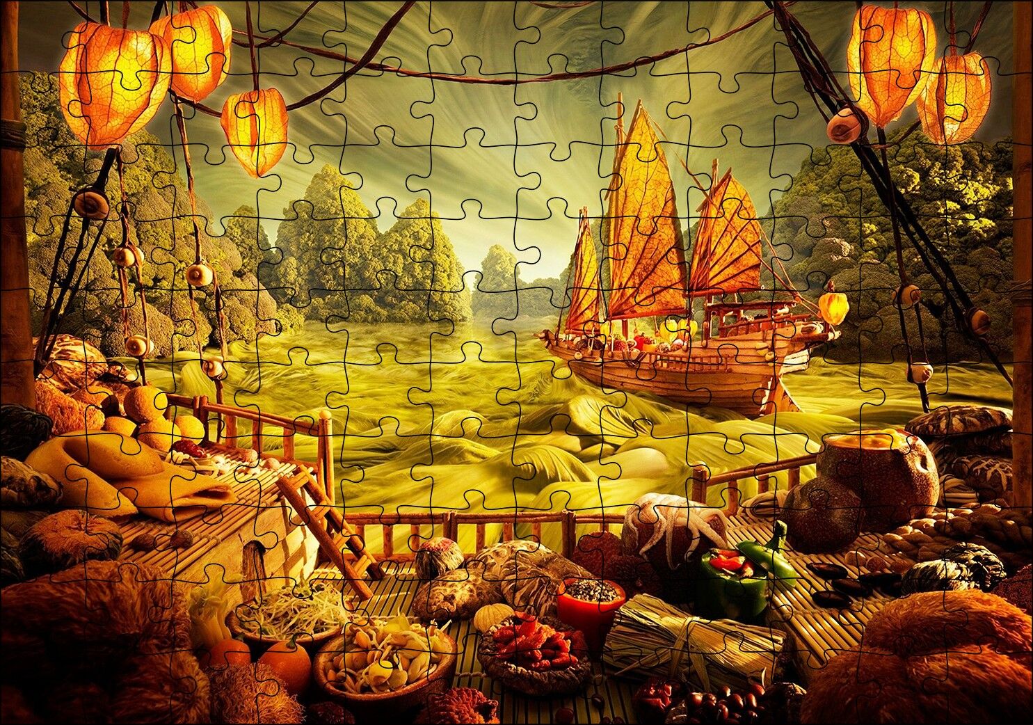 Deniz Mahsulu Sebzelerden Kemi Doğa Manzarası Puzzle Yapboz MDF Ahşap