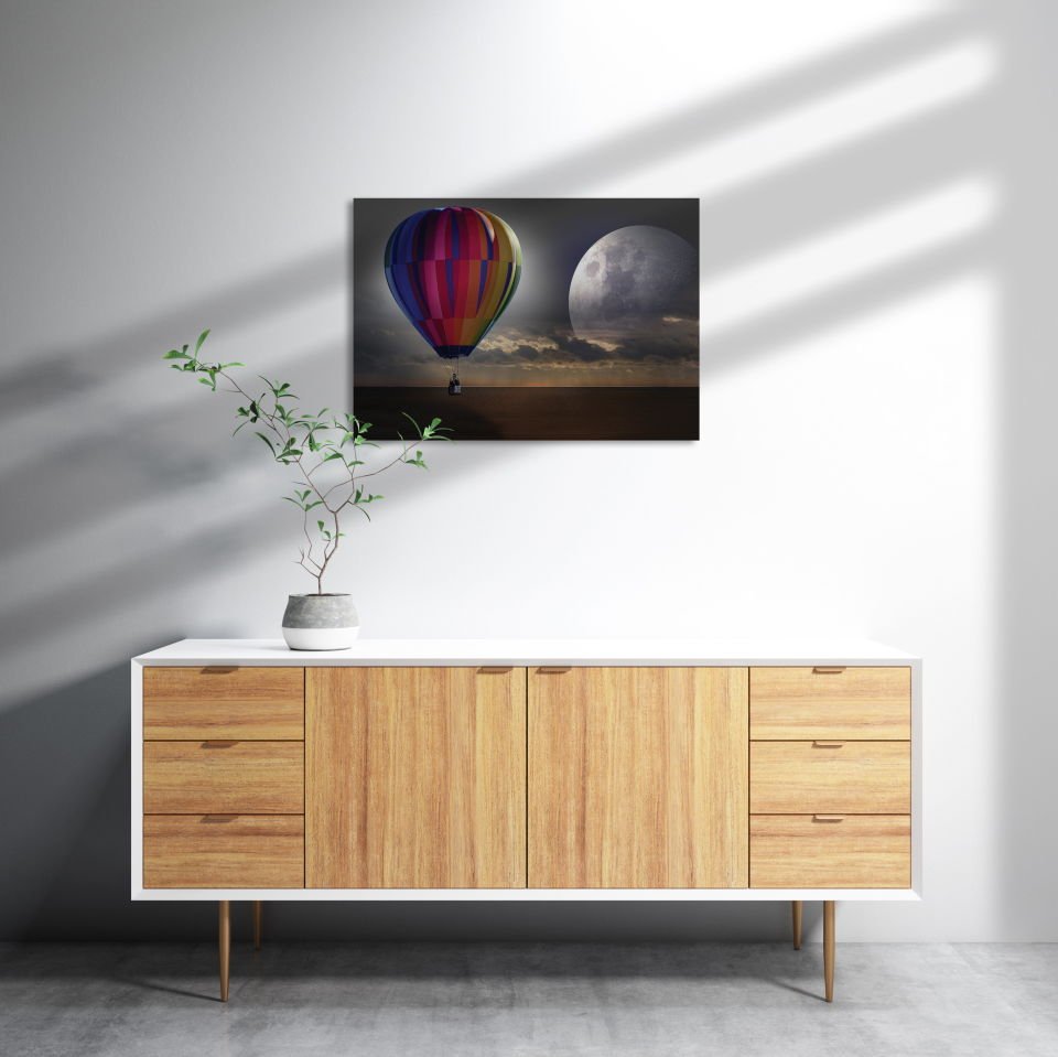 Uçan Balon Ufukta Ay Görseli MDF Akşap Duvar Tablo 25x35 cm