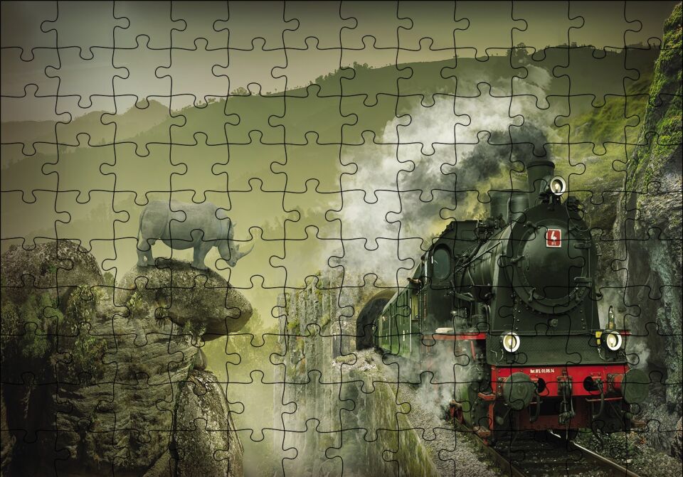 Kömürlü Tiren Doğa Gergedan Puzzle Yapboz MDF Ahşap 120 Parça 24 cm X 34 cm