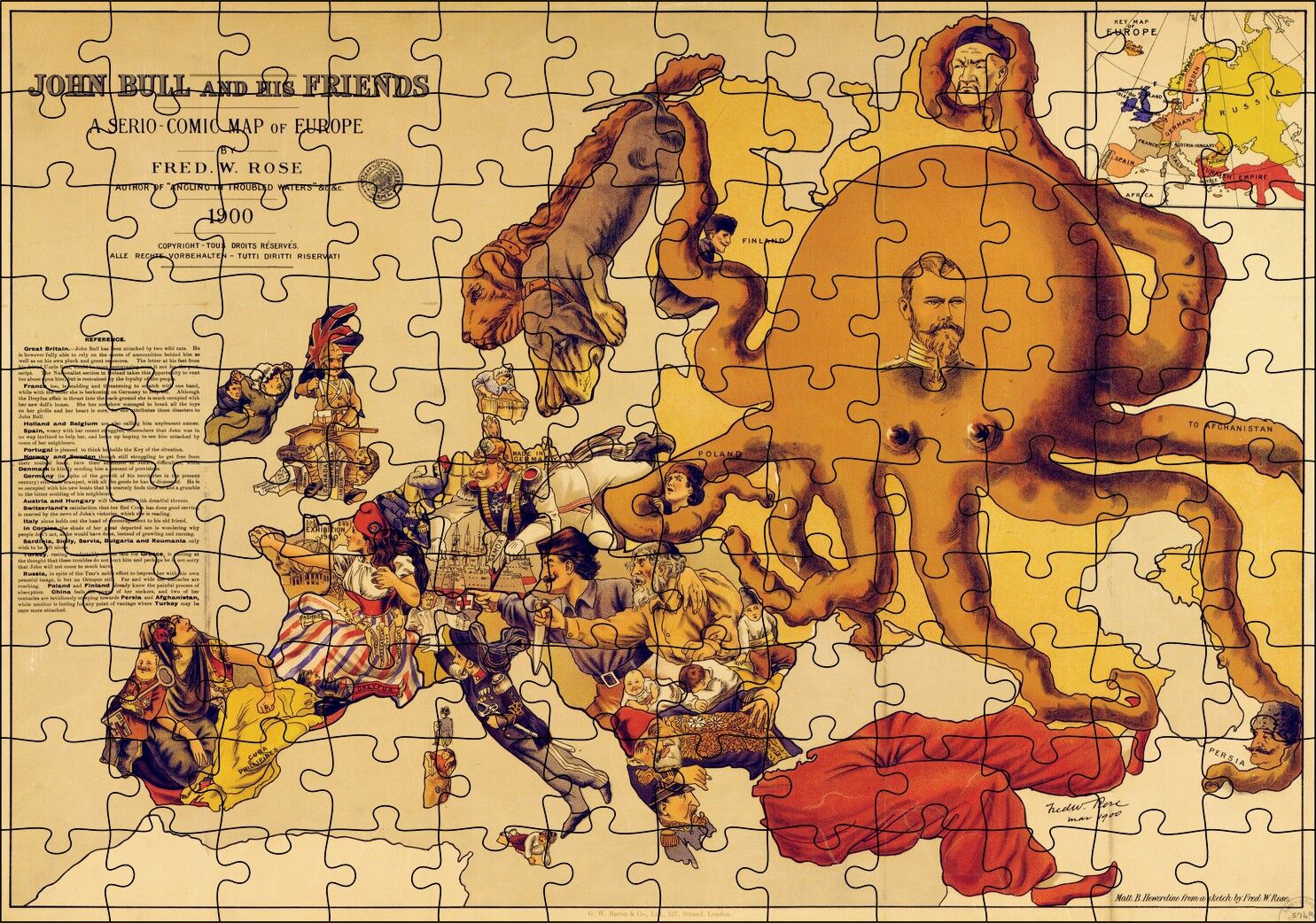 Avrupa Komik Haritası 1900 Yılında Puzzle Yapboz MDF Ahşap 120 Parça 24 cm X 34 cm