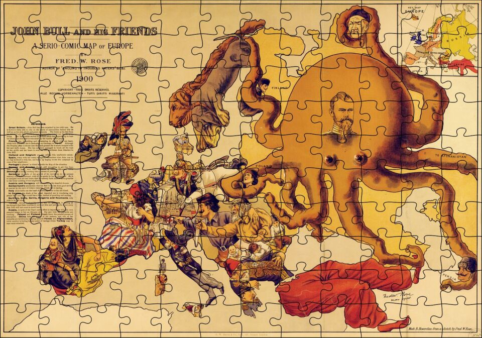 Avrupa Komik Haritası 1900 Yılında Puzzle Yapboz MDF Ahşap 120 Parça 24 cm X 34 cm