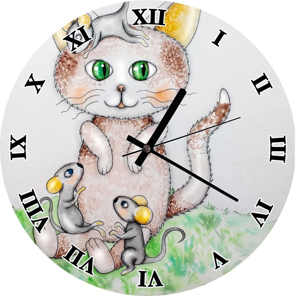 Fareler Kedi Görseli Mdf Ahşap Duvar Saati