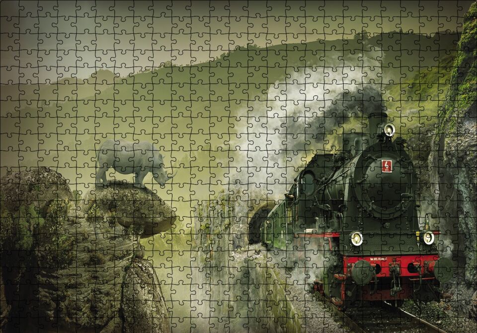 Kömürlü Tiren Doğa Gergedan Puzzle Yapboz MDF Ahşap 500 Parça 49 cm X 68 cm