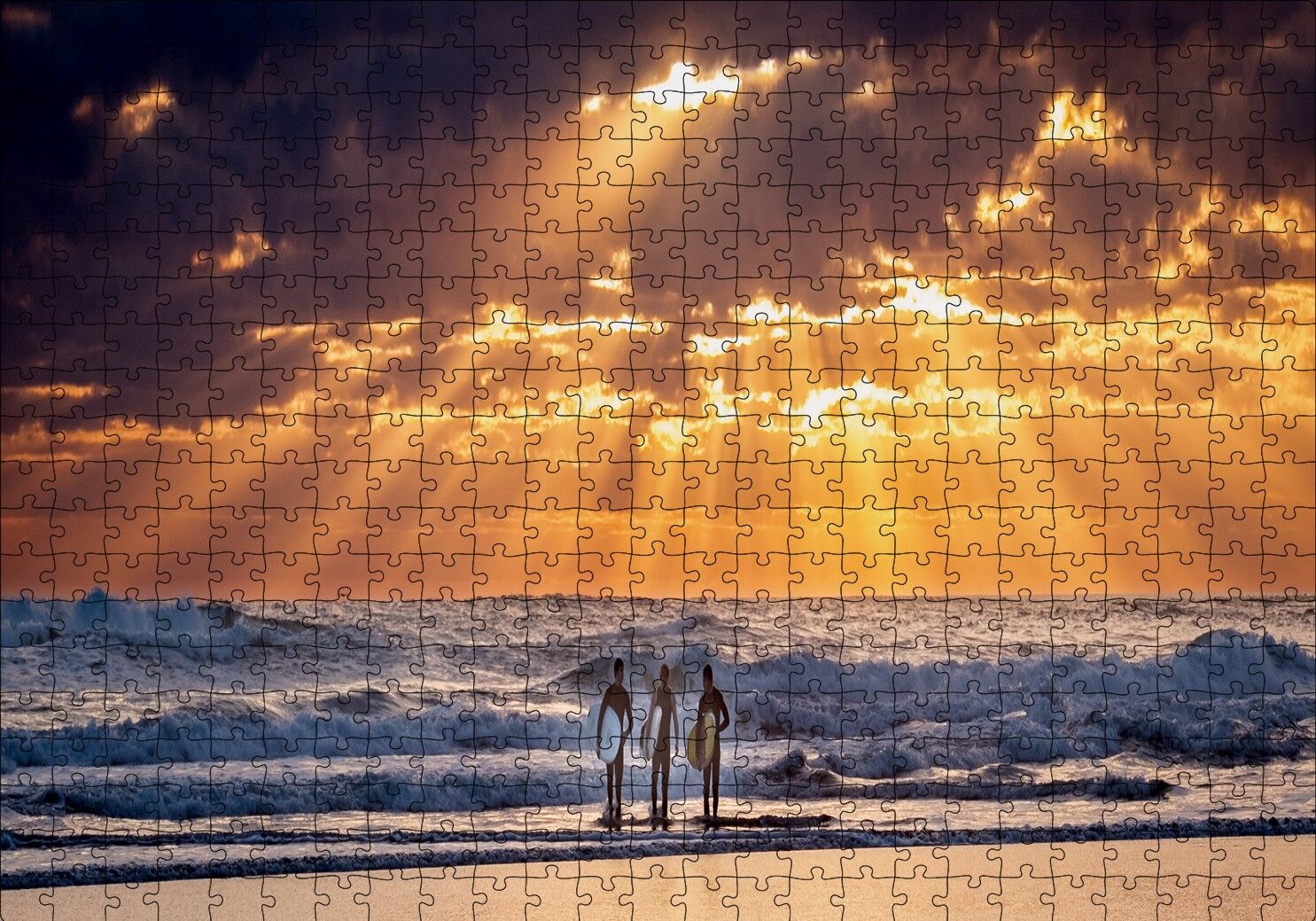 Günbatımında Okyanus ve Sahilde Sörfçüler Puzzle Yapboz MDF Ahşap 500 Parça 49 cm X 68 cm