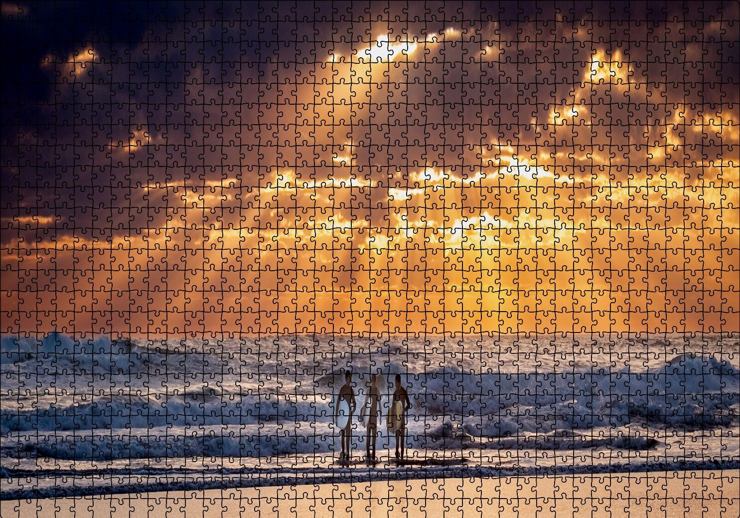 Günbatımında Okyanus ve Sahilde Sörfçüler Puzzle Yapboz MDF Ahşap 1000 Parça 49 cm X 68 cm