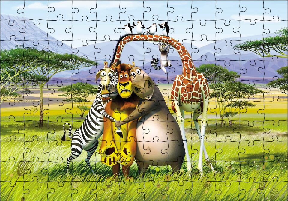 Madagascar Çizgi Film Puzzle Yapboz MDF Ahşap 120 Parça 24 cm X 34 cm
