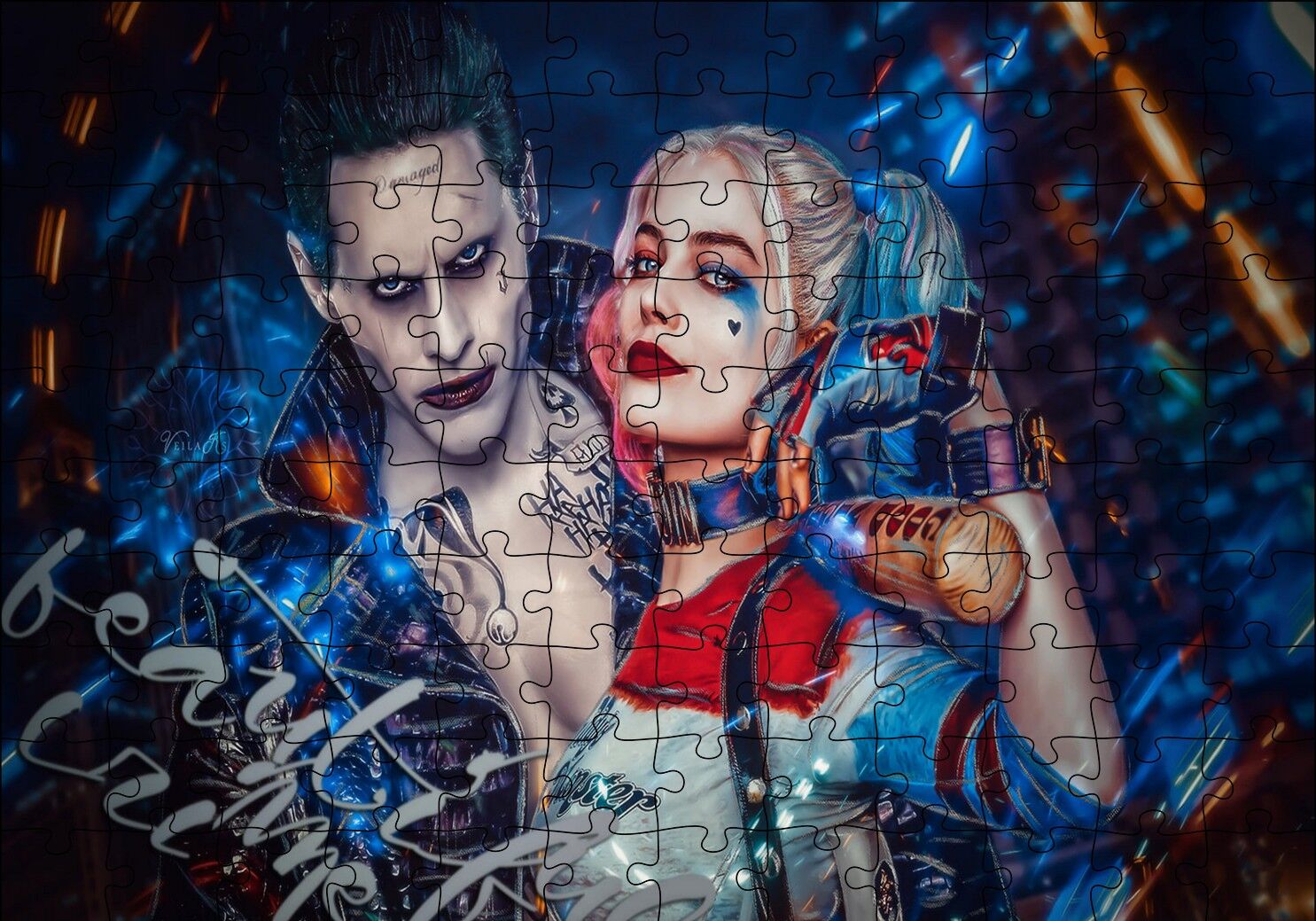 Harley Quinn ve Joker İllüstrasyon Puzzle Yapboz MDF Ahşap