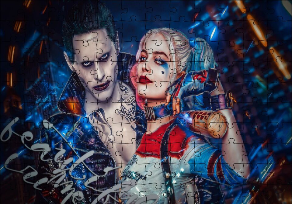 Harley Quinn ve Joker İllüstrasyon Puzzle Yapboz MDF Ahşap