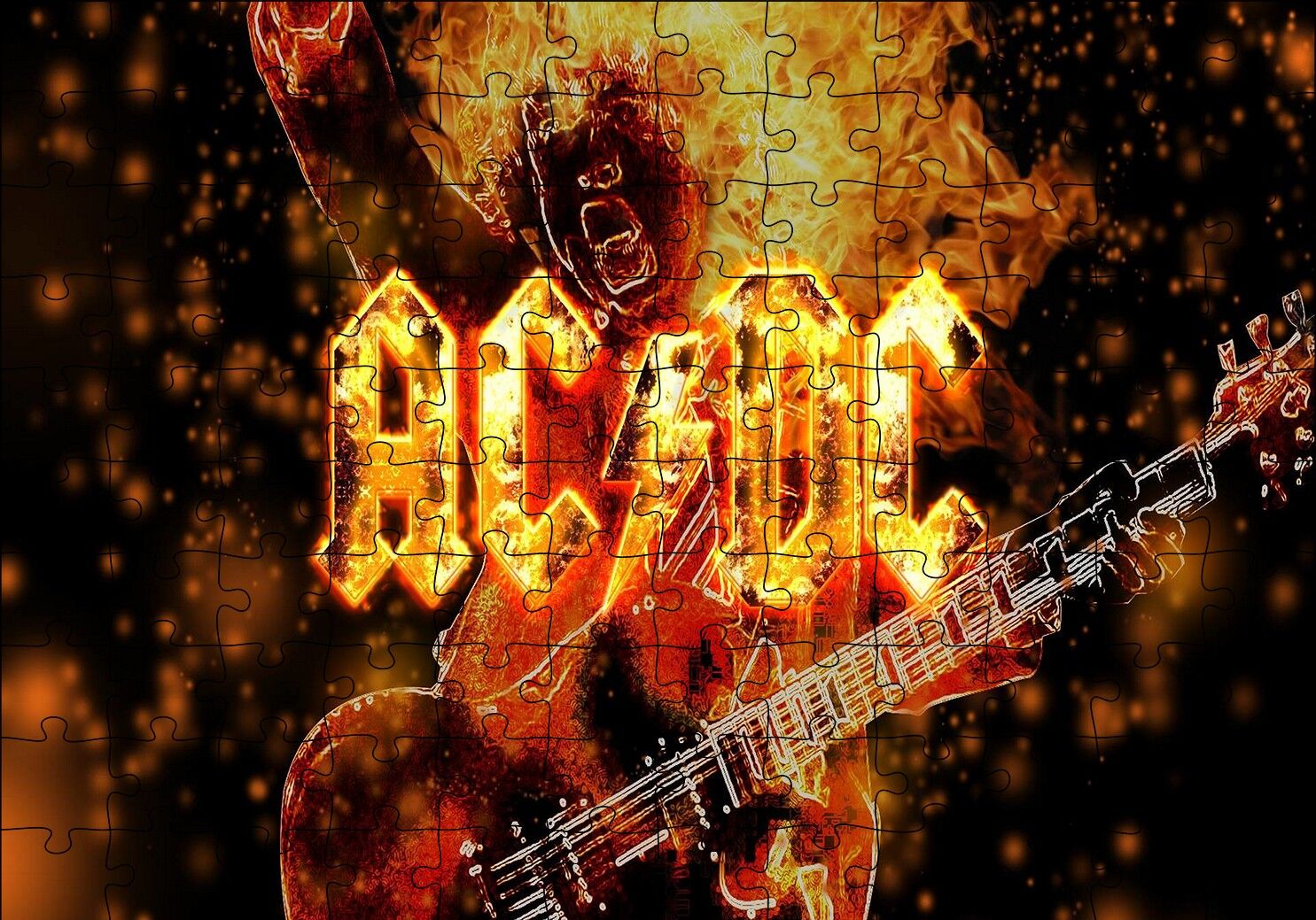 ACDC Elektrogitarist ve Alevler Puzzle Yapboz MDF Ahşap 120 Parça 24 cm X 34 cm