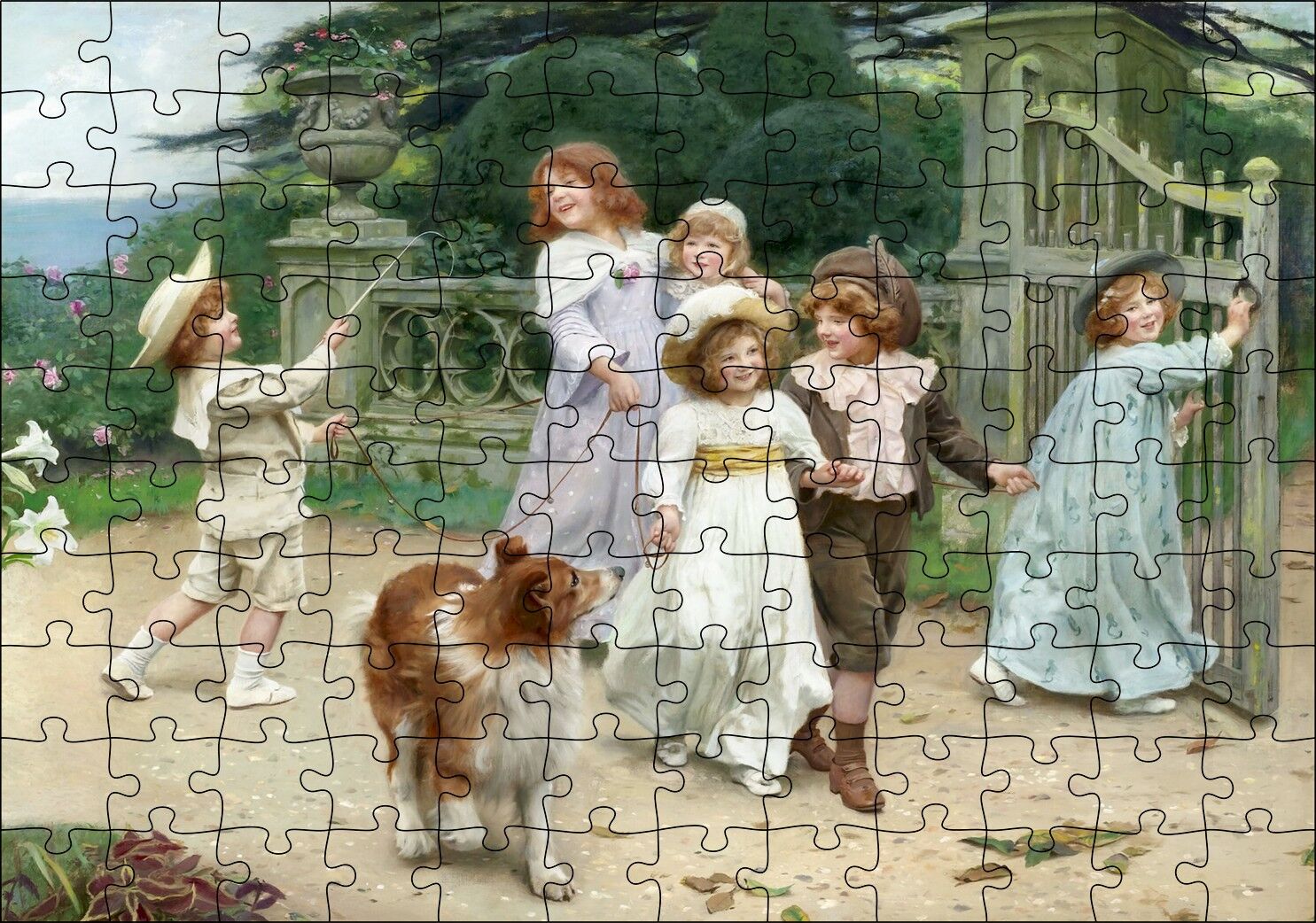 Bahçe Kapısı Önünde Çocuklar ve Köpekleri Puzzle Yapboz MDF Ahşap 120 Parça 24 cm X 34 cm