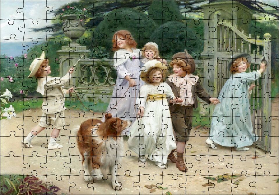 Bahçe Kapısı Önünde Çocuklar ve Köpekleri Puzzle Yapboz MDF Ahşap 120 Parça 24 cm X 34 cm