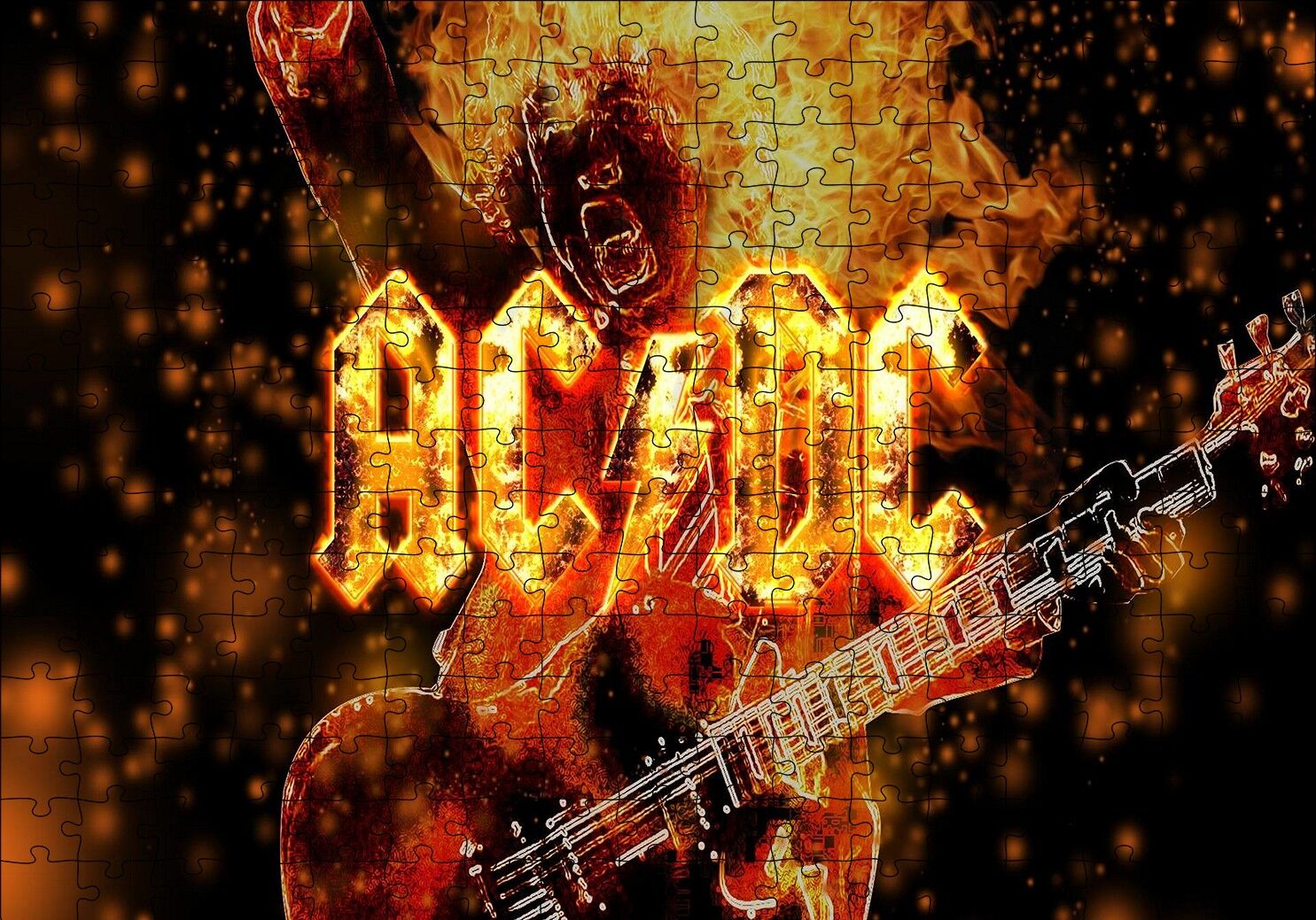 ACDC Elektrogitarist ve Alevler Puzzle Yapboz MDF Ahşap 255 Parça 34 cm X 49 cm