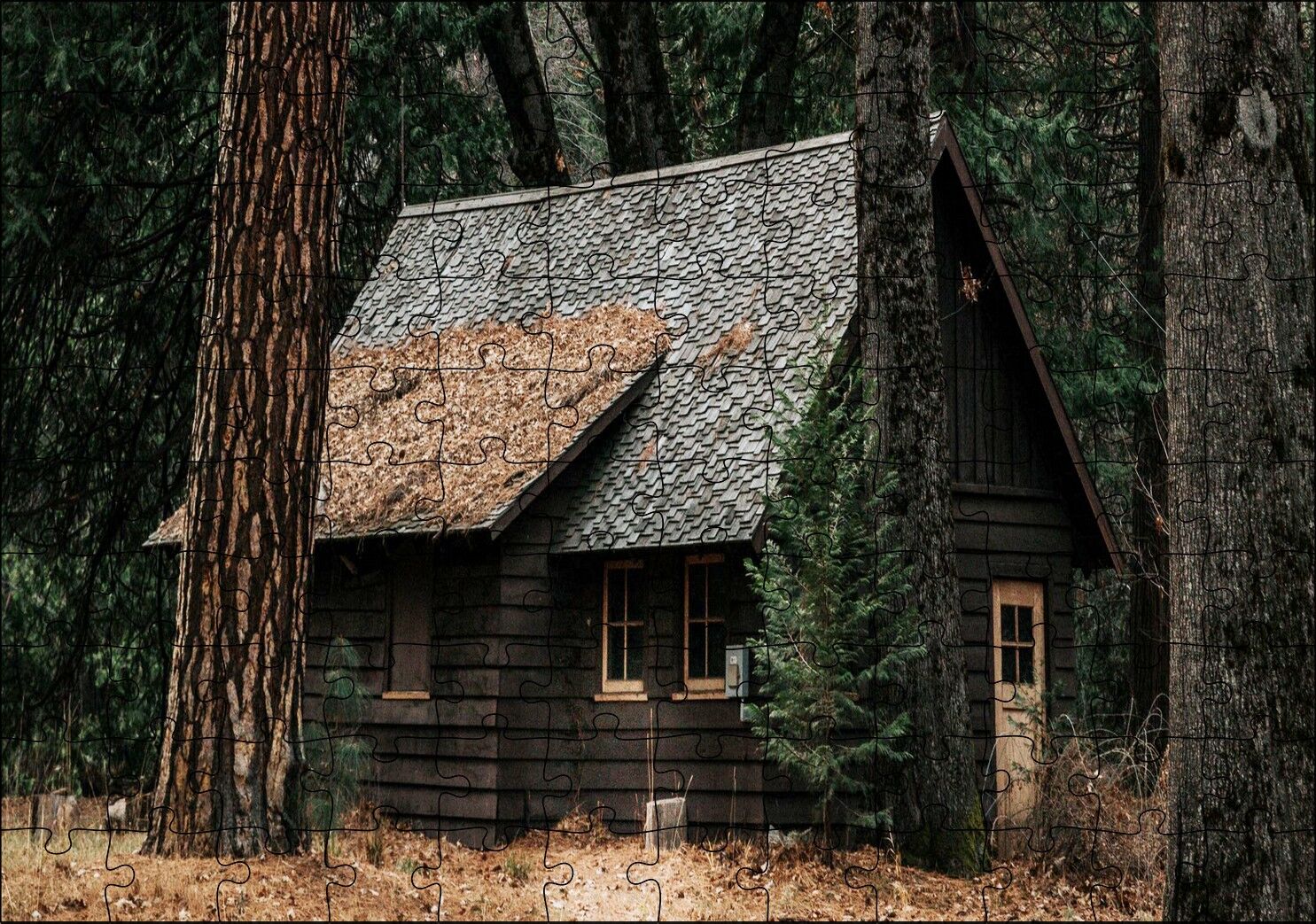 Koyu Ormandaki Ahşap Ev ve Dev Ağaçlar Puzzle Yapboz MDF Ahşap