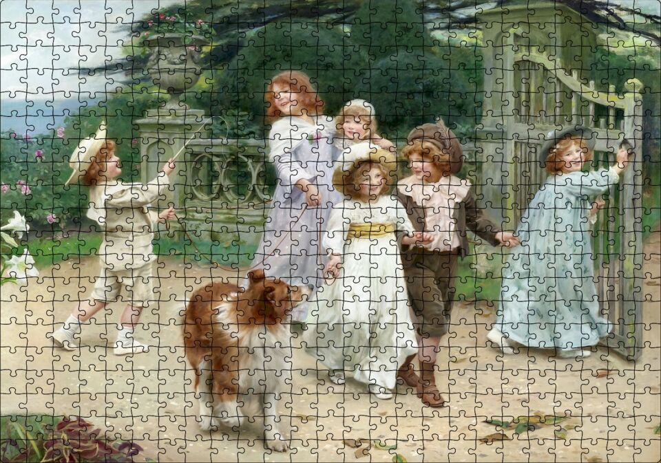 Bahçe Kapısı Önünde Çocuklar ve Köpekleri Puzzle Yapboz MDF Ahşap 500 Parça 49 cm X 68 cm
