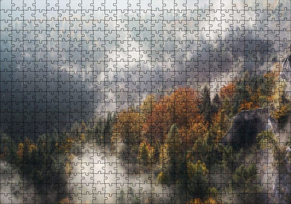Sonbahar Renklerinde Orman ve Sisler Puzzle Yapboz MDF Ahşap 500 Parça 49 cm X 68 cm
