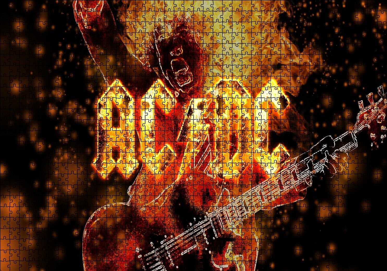 ACDC Elektrogitarist ve Alevler Puzzle Yapboz MDF Ahşap 1000 Parça 49 cm X 68 cm