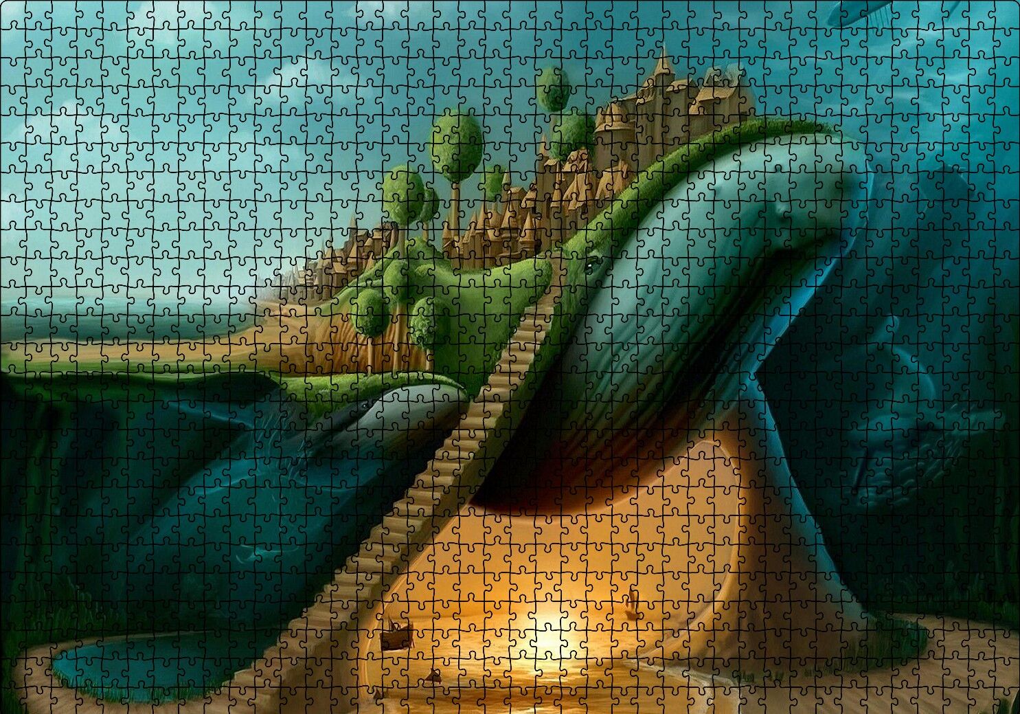 Dev Balinanın Sırtındaki Şehir Puzzle Yapboz MDF Ahşap 1000 Parça 49 cm X 68 cm