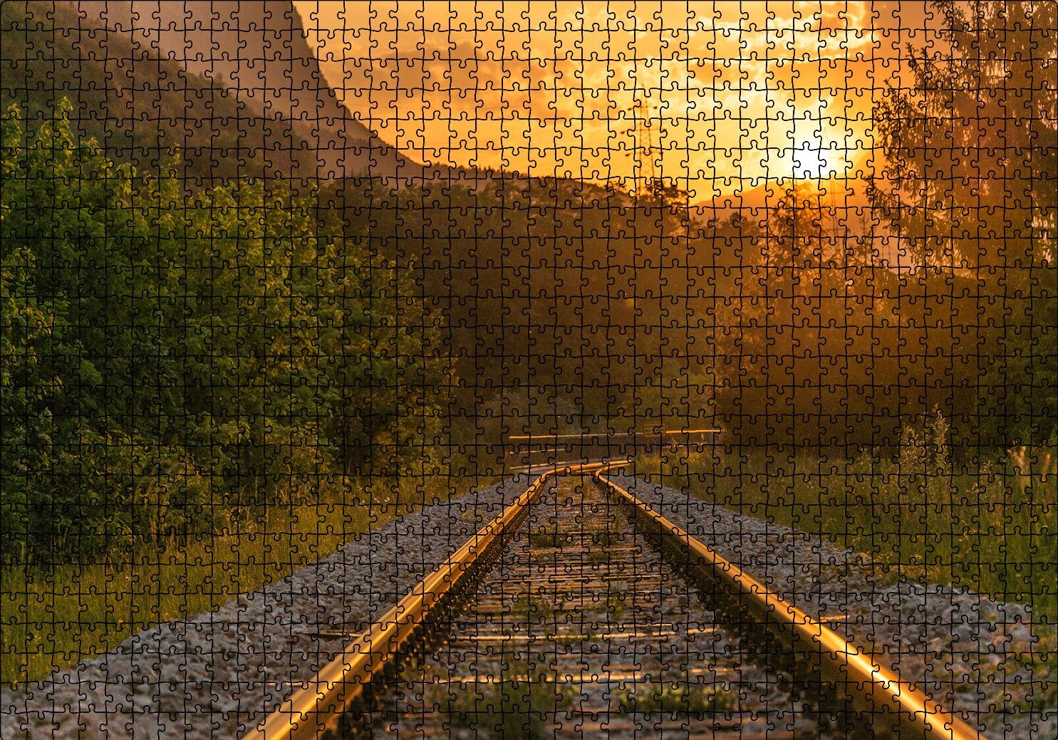 Günbatımında Parlayan Raylar Puzzle Yapboz MDF Ahşap 1000 Parça 49 cm X 68 cm