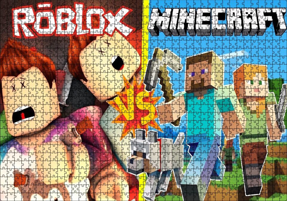 Roblox Ve Minecraft Çizgi Film Görseli Puzzle Yapboz MDF Ahşap 1000 Parça 49 cm X 68 cm